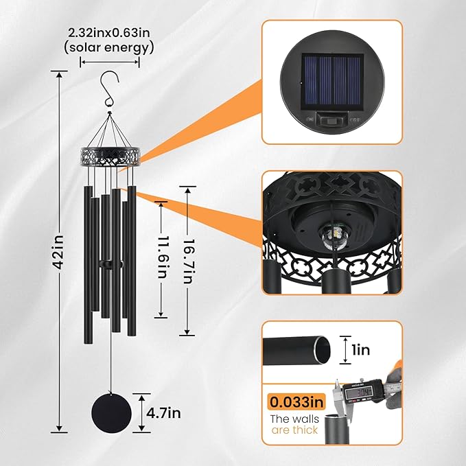 42" Deep Tone Wind Chimes for Outside Clearance, Solar Large Metal Windchimes for Loss of Loved One, Memorial Heavy Duty Chimes Outdoor for Garden,Sympathy Gifts，Black