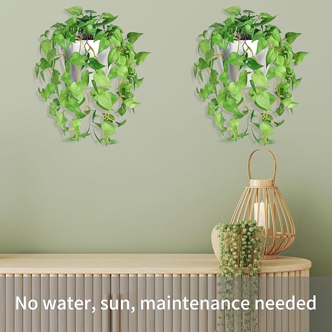 Artificial Hanging Potted Plants Set of 2, Fake Eucalyptus Vine Plant with Half Pot Planters, Medium Faux Greenery for Wall Home Room Indoor Outdoor Decor