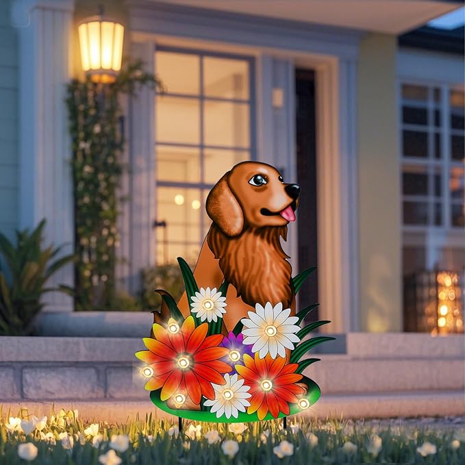 WONDER GARDEN Decorative Garden Stakes - Lighted Dog and Flower Yard Sign Stakes Spring Signs for Outdoor, Porch, Yard,Flower Bed Decor (Battery Operated)
