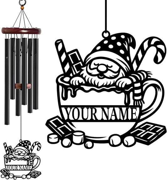 Personalized Customize Name Gnome Wind Chime, Metal Iron 37 Inch Outdoor Memorial Gift for Garden Yard Patio Home Decor, Black，Christmas (Style D)