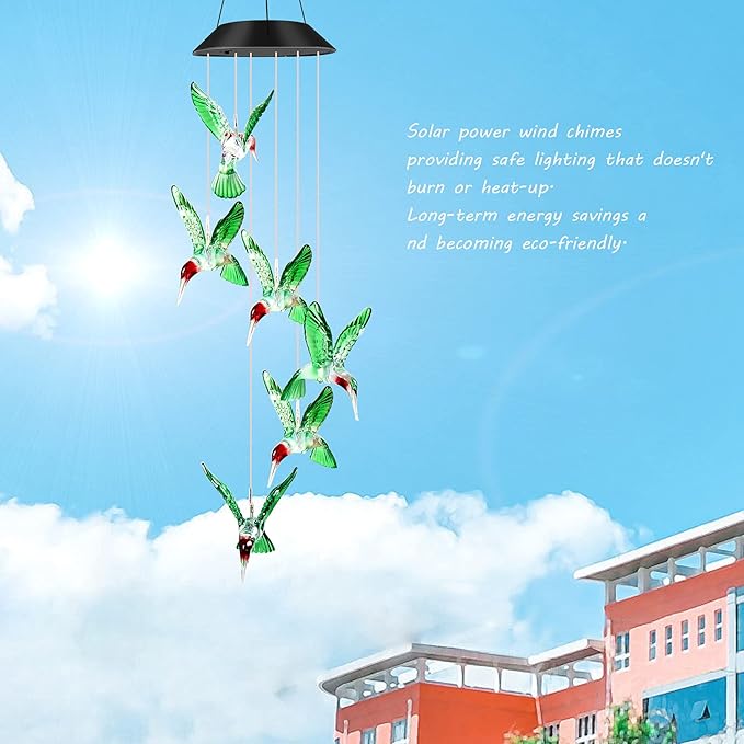 JOBOSI Hummingbird Decor Gifts, Solar Hummingbird (3.5 * 4.5in) Wind Chimes Lights, Mothers Day Wind Chime Gift, Gifts for mom, Women, Grandmother, Outdoor Garden Lawn Yard Decor