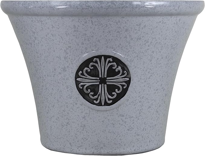 Garden Elements Round Plastic Logo Modern Planter, Gray, Large 14.75"
