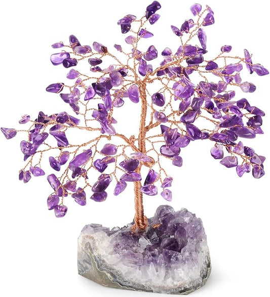 Handmade Chakra Gemstone Crystal Tree of Life,Natural Amethyst with Amethyst Cluster Base,Bonsai Feng Shui Decor Money Tree,Healing Crystals Positive Energy Gift Size 5.5"-6.3"