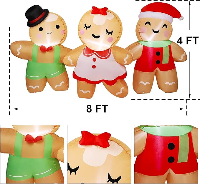 Joliyoou 8FT L Christmas Inflatable Decoration, Set of 3 Blowup Gingerbread Man Hand in Hand, Adorable Xmas Inflatable Ginger Bread Man for Winter Holiday Outdoor Indoor Decor