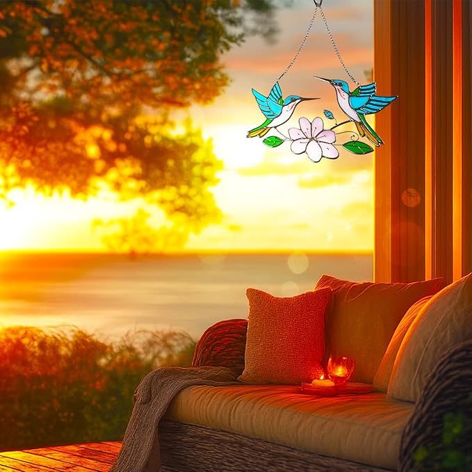 Stained Glass Window Hanging, Duo-Humming Bird Style, Colorful Sun Catcher Panel for Indoor/Outdoor Décor, Garden & Coastal Ornament, Handmade Glass Wall Art Gift for Women and Mom & Bird Lovers