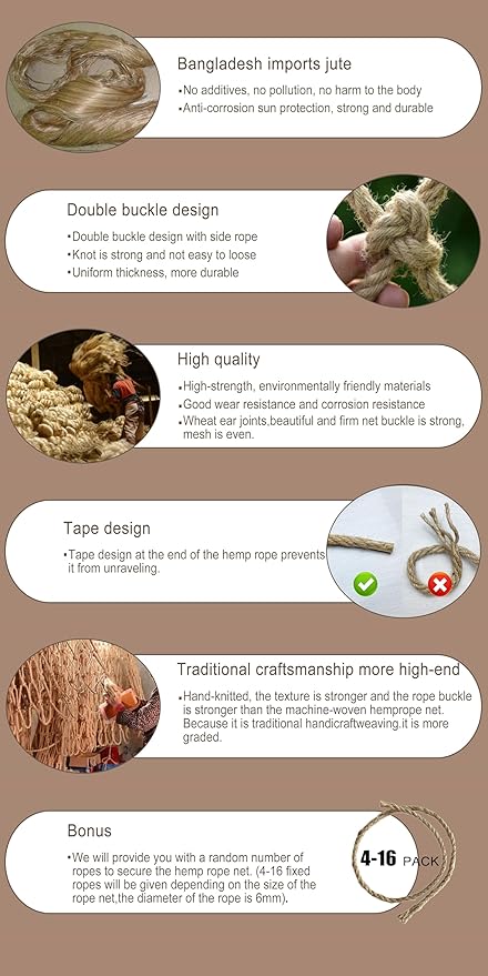 Safety Hemp Rope Net Kids Climbing Tree House Children Netting Balcony Stairs Fence Railing Garden Playground Protection Heavy Duty Indoor & Outdoor Decor Rope Net 6mm/8cm 3.3x9.8ft(1x3m)