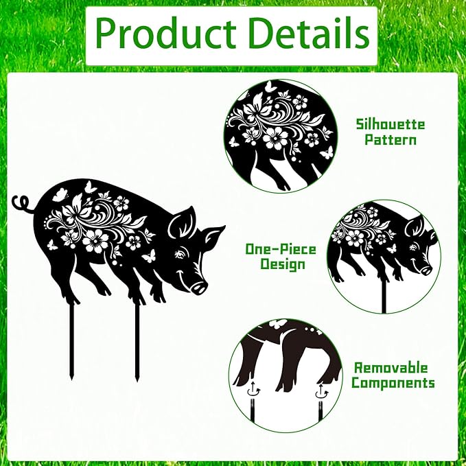 Pig Decorative Garden Stakes Gifts, 3PCS Metal Pig Garden Statues Decor for Outside, Black Silhouette Yard Lawn Outdoor Gifts for Women Men Pig Lovers