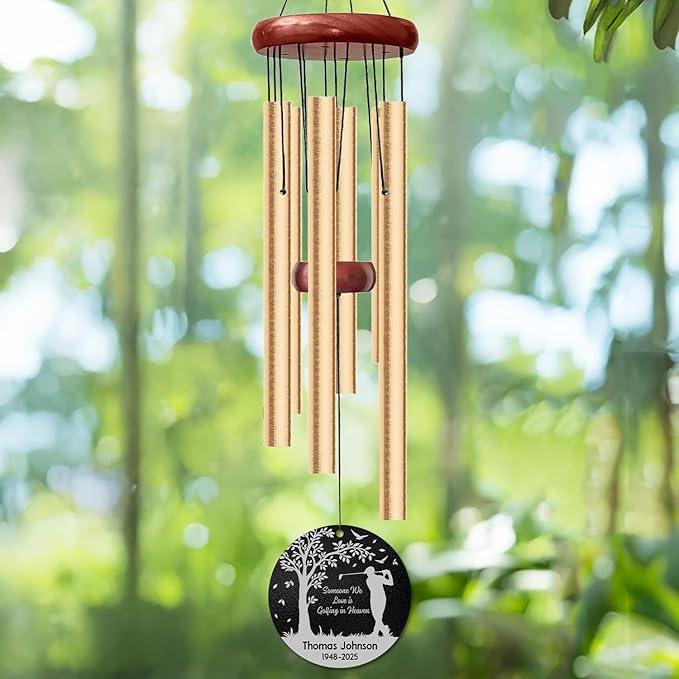 Personalized Golf Memorial Wind Chime – “Someone We Love is Golfing in Heaven” Custom Engraved Name & Years – Outdoor Sympathy Gift for Golf Lovers – Remembrance Windchime for Loss of Loved One