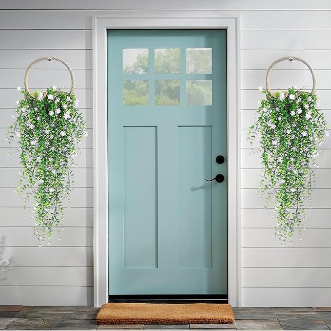 Artificial Hanging Flowers, 3 Pcs Fake Hanging Plants Artificial Vines for Outdoors, Fake Ivy Vine UV Resistant No Fade Faux Plants for Indoor Outside Garden Patio Yard Greenery Decoration (White)