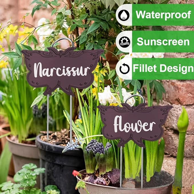 Metal Plant Labels, Tall Outdoor Butterfly Garden Markers for Flowers, Fruits and Vegetables, 304 Stainless Steel Weatherproof Signs (25 Packs, 4" x 2.3", Purplish Red Butterfly Design)