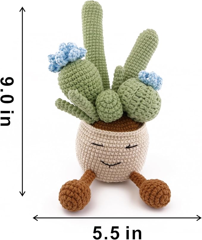 Crocheted Cactus Plants by Hand, Simulated Succulent Plants Potted with Wool Woven Flower for Father's Day, Mother's Day, Thanksgiving Day, Christmas Day and Wedding Decoration (Blue)