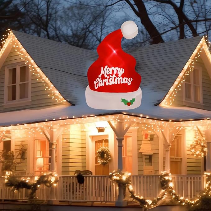 Juegoal Christmas Inflatables Outdoor Decorations, 5FT Inflatable Xmas Hat, Lighted Blow Up Giant Red Hat with Built in LED Lights, Light Up Holiday Winter Roof Lawn Yard Garden Decor