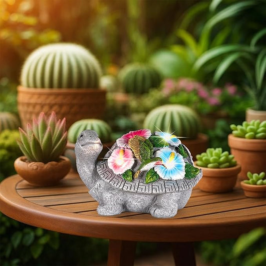 Solar Turtle Figurine Lights with Hummingbird Flower 5.5-inch – Garden Statue for Outdoor Yard Decorations, Lawn Ornaments, Balcony Decor – Ideal Gift for All Occasions (Turtle)