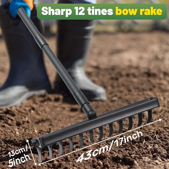 60" Bow Rake 12 Tines Metal Head Rakes with Adjustable Handle, Thatch Rake for Gathering Thatch Loosening Soil Leveling Lawn Farming Land