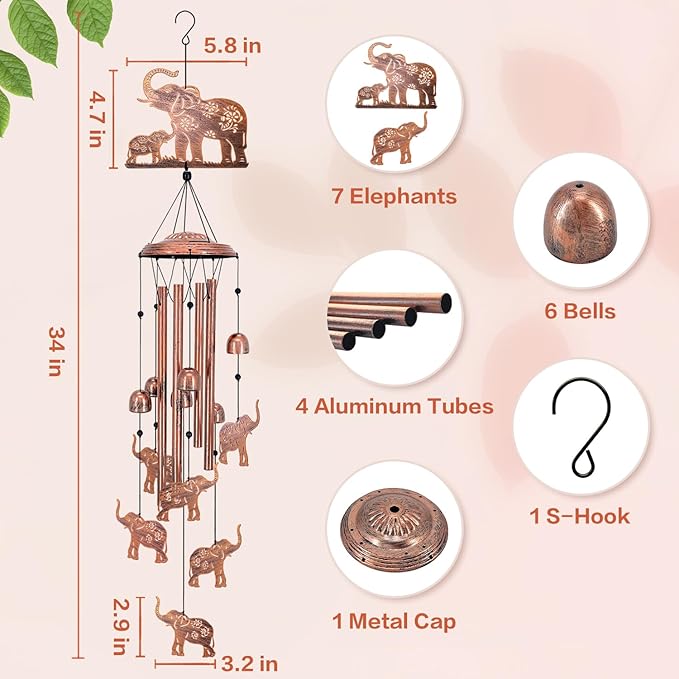 Elephant Wind Chimes Outdoor Elephant Gifts for Women Men Mom Dad Best Birthday Unique Gardening Gifts Metal WindChimes for Outside/Indoors, Lawn, Patio, Home, Yard Decor, Garden Decorations