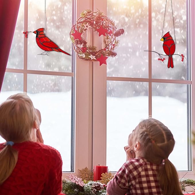 Soaoo 2 Pcs Red Cardinal Gifts for Women Stained Glass Christmas Birds Suncatcher Window Hanging Ornament Loss of Loved One Memorial Gifts for Mom Grandma Nana Housewarming