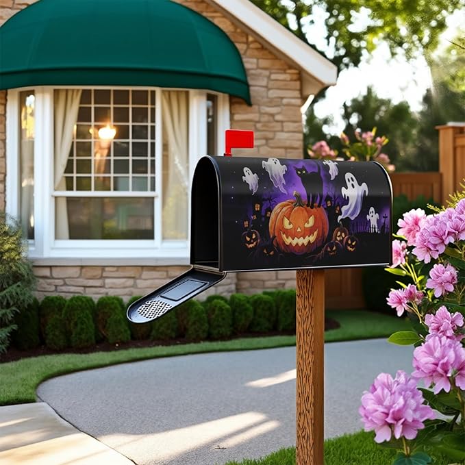 Halloween Spooky Ghost Pumpkin Mailbox Covers Magnetic Standard Size Black Cat Mailbox Wraps Holiday Themed Outdoor Decorative Letter Box Cases for Home Garden Outside Decor, 21x18 Inch