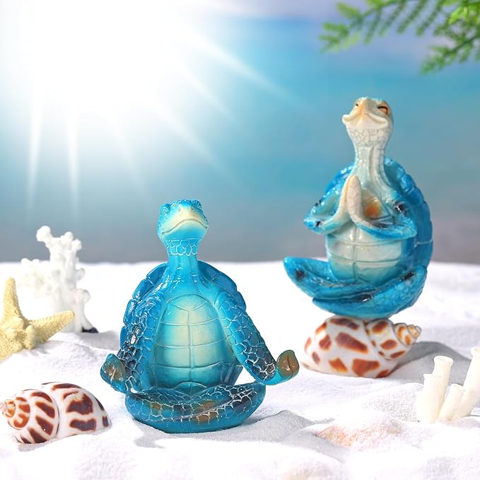 4 Pcs Sea Turtle Meditation Yoga Decor Zen Sea Turtles Garden Statue Figurines Coastal Ocean Beach Bathroom Decor Turtle Gifts for Women Yogis Home Office Decorations(Classic)
