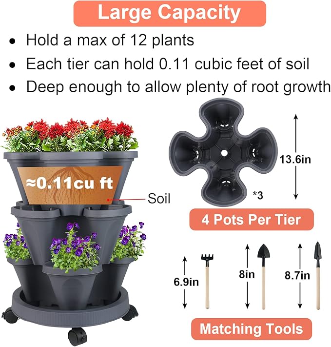 GameXcel Vertical Planter 3 Tier Stackable Planters Garden Planters Strawberry Herb Flower and Vegetable Planter Indoor Outdoor Gardening Pots with Removable Wheels and Tools