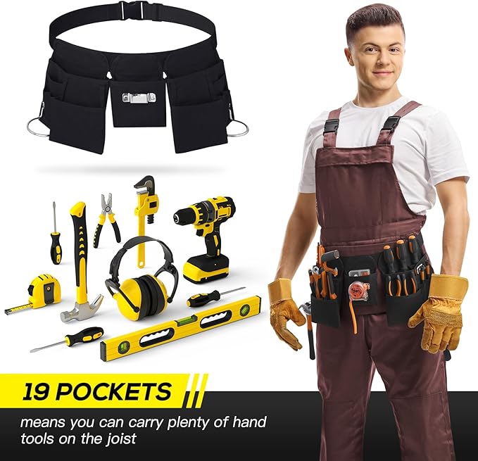 Gifts for Men,19 Pocket Tool Belts with Quick Release Buckle- Heavy Duty Detachable & Adjustable Utility Belt,Work Apron for Men and Women,for Electrician,Carpenter,Construction Tool Belt (Black)