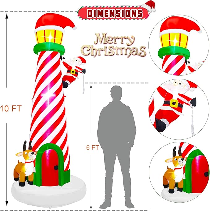 10FT Christmas Inflatable Yard Decoration, Giant Blow Up Lighthouse with Santa and Reindeer with Built-in LED Lights & Drawstring Bags for Yard Lawn Garden Holiday Outdoor Decor