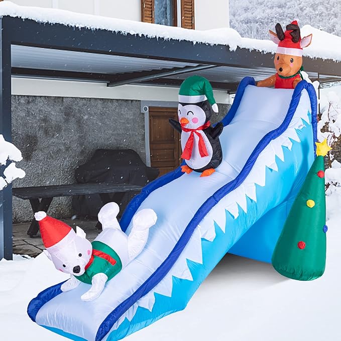 8.2 FT Tall Inflatable Christmas Decorations - Christmas Inflatables Outdoor Decorations, Penguin Holiday Spirit Inflatable Slide with LED Light Blow Up Yard Decorations