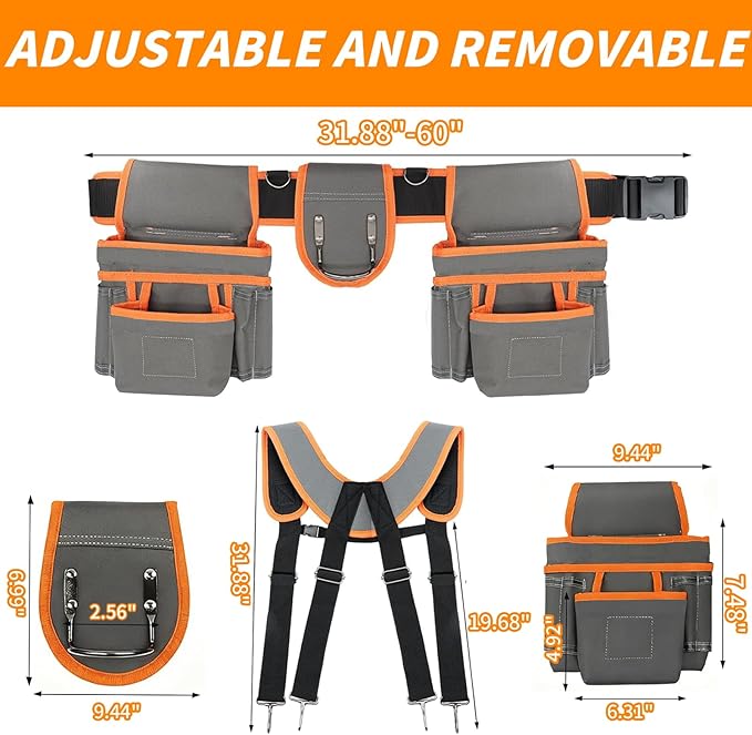 JUSTHERE Tool Belt, Professional Tool Belts for Men, 32''-60'' Size Adjustable Magnetic Tool Pouch With Suspenders & Multiple Pockets, Detachable Utility Belt Work Bags for Electrician, Carpenter