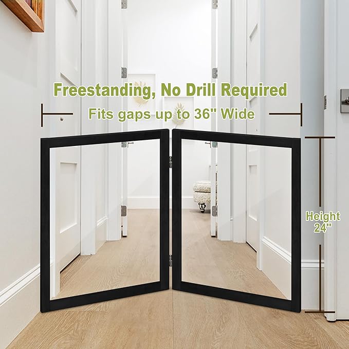 LZRS Clear Dog Gate for Indoor Use - Transparent Pet Fence with Solid Hardwood and Plastic Board, Stylish & Durable freestanding Pet Gate for Doorways, Stairs and Hallways-2 Panel Black