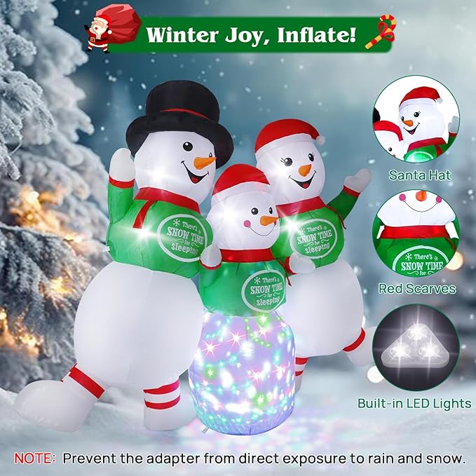 6.5FT Christmas Inflatable Snowman Decorations - Blow Up Christmas Outdoor Snowman Family with Rotating Colorful LED Light & Top Hat, Xmas Inflatable Decor for Yard Lawn Garden Holiday Party