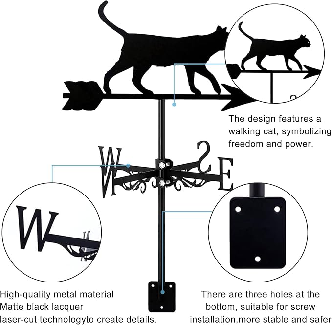 Metal Roof Black Cat Weathervane Durable Animals Ornament Wind Vane Wind Measuring Tool Weathercock for Garden Decoration Outdoor Farmhouse Farm Barn Sheds Patio Halloween