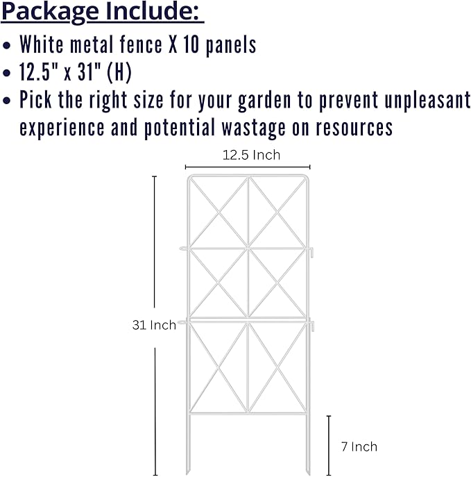 ShopLaLa Decorative Garden Fence (10 Panels) 12.5in(L) x 31in(H) Animal Barrier Fencing Rustproof White Metal Wire Flower Edging for Landscape, Dog Yard Gates Fences Tall No Dig Outdoor Decor D-F30B
