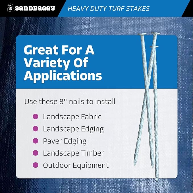 Sandbaggy 8" Heavy Duty Galvanized Artificial Turf Stakes - Spiral Landscape Nails - Ground Spikes/Pins - Synthetic Grass, Lawn, Edging, Weed Barrier Fabric, Garden (8 inch - Heavy Duty, 100, Count)