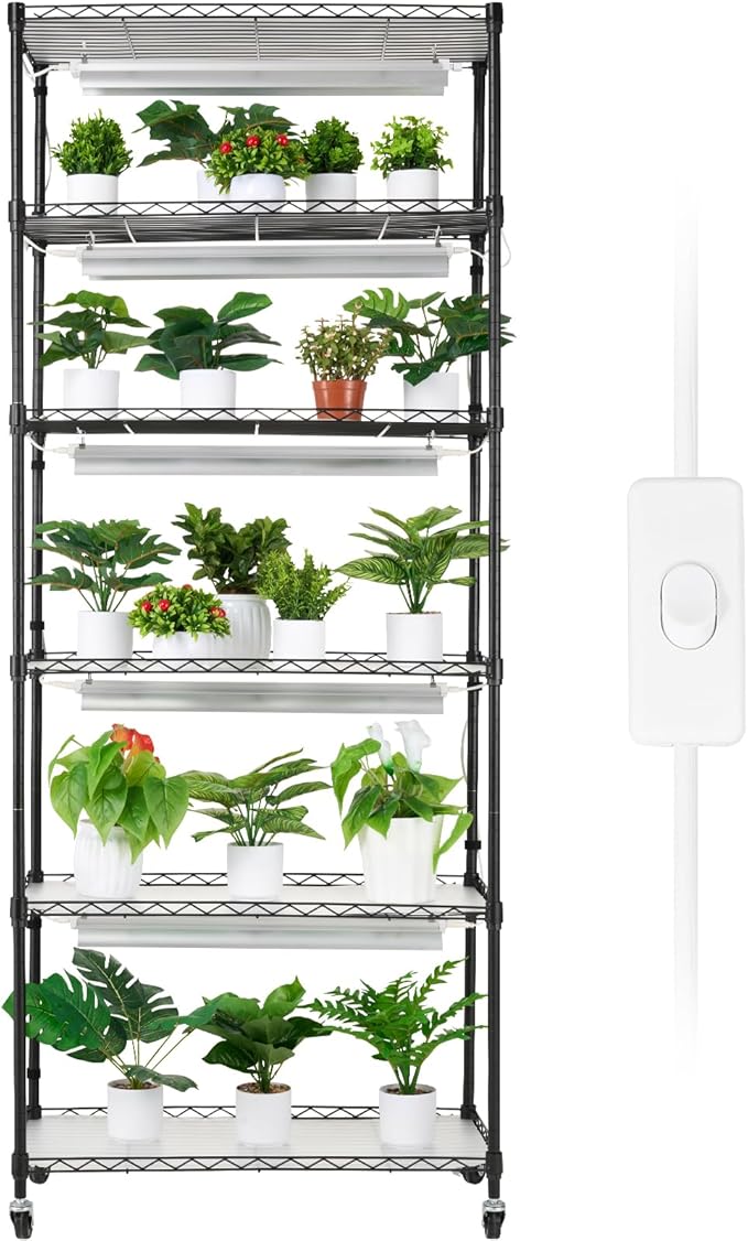 VEVOR DIY Plant Stand with Grow Light, 6-Tier Large Tall Plant Shelf with 192W 5000K Full Spectrum Grow Lights, Indoor Grow Light Shelf with Wheels for Seed Starting 29.5" L x 13.8" W x 70.9" H