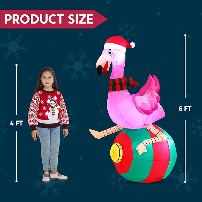 Joiedomi 6 ft Christmas Inflatable Flamingo on Ornament Decorations, Blow Up Inflatables with Build-in LEDs for Christmas Party Indoor, Outdoor, Yard, Garden, Lawn Décor, Holiday Season