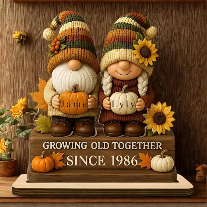 Personalized Growing Old Together Since Gnome Figurines Plaque, Custom Gnome Couple Wood Standing Plaque, Gift for Couples and Grandparents