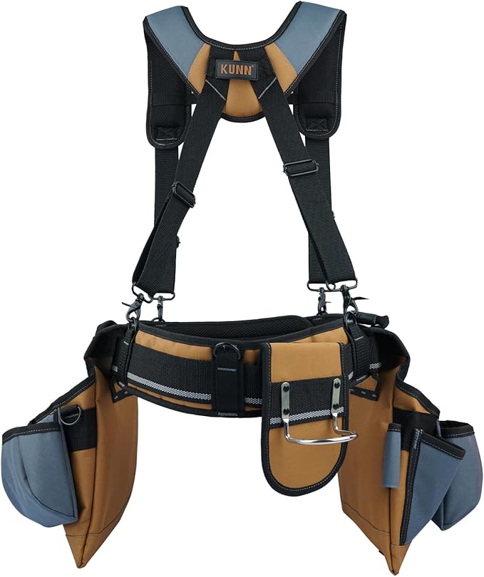 KUNN Carpenter Tool Belt with Suspenders Pro Framer Suspension Tool Rig for Construction Contractors and Electrician,Khaki