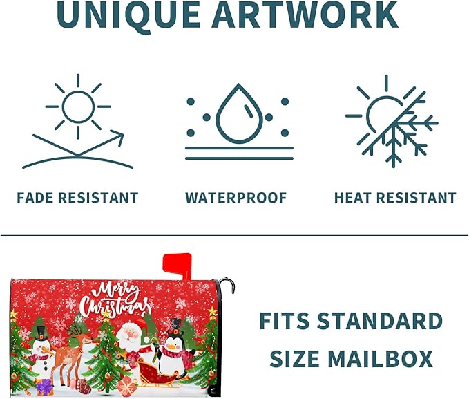 Merry Christmas Mailbox Cover, Magnetic Standard Size 25.5x21 Inch, Xmas Trees Santa Claus Snowman Reindeer Penguin Mailbox Wrap Post Cover for Garden Yard Outdoor Home Hew Year Decor