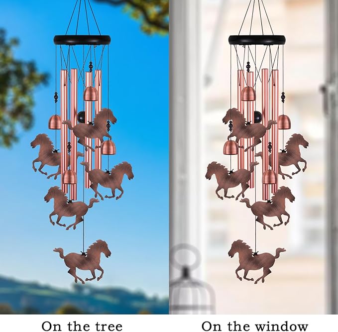 Red Copper Horse Wind Chimes - 4 Tube, 5 Horse Wind Catcher for Home, Garden, Patio, Balconies, Indoor Decoration