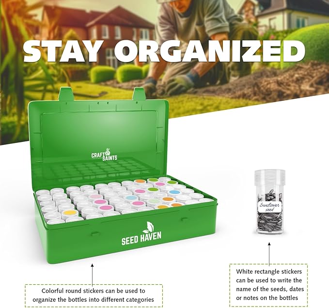 Seed Organizer Storage Box, Green Opaque Light Proof Seed Bank with 60 Transparent Bottles & Labels, Seed Holder Packet Organizer, Seed Vault Container for Homesteaders, Garden Tackle and Sorter