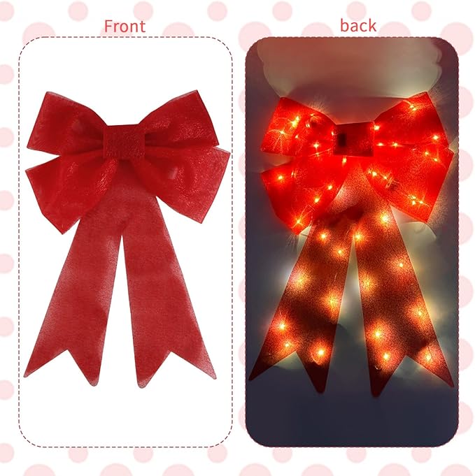 Christmas Bow Decorations Lighted Giant Christmas Bows Decoration 24 Inch Red Xmas Bows with LED Lights Xmas Tree Decorations Wreath Yard Décor Light for Indoor Outdoor Decor (2)