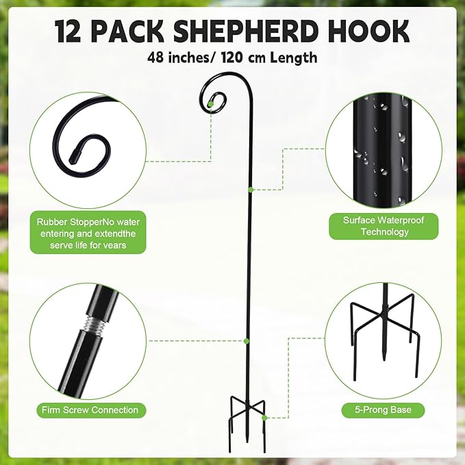 Hicarer 12 Pcs Adjustable Shepherd Hook 48" Tall 1/3in Thick Metal Garden Hook Rust Resistant Steel Hook for Outdoor Hanging Plant Basket Solar Light Lantern Bird Feeder Christmas Wedding Decor