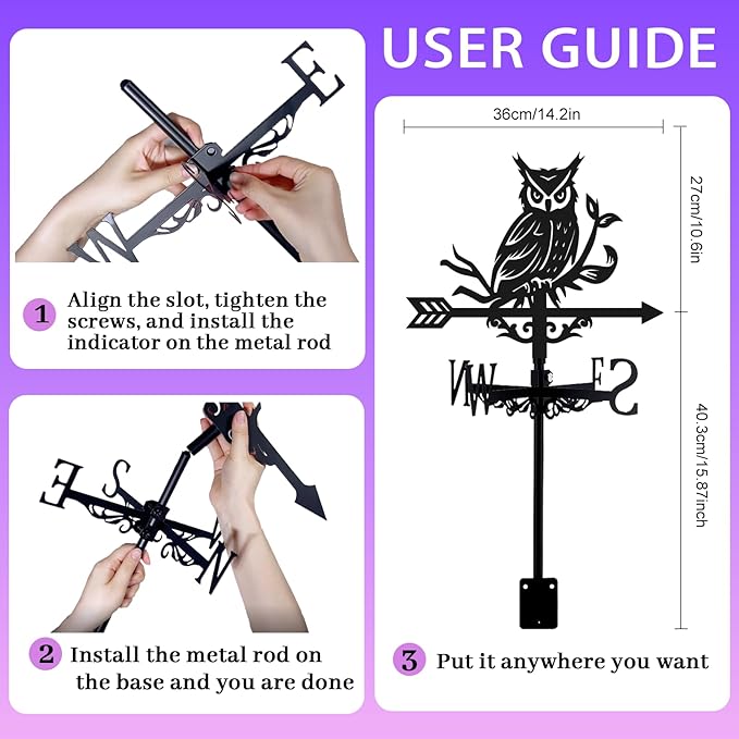 Owl Weathervane Metal Wind Vane Weathercock Garden Decoration Wind Direction Indicator Stake Roof Mount Ornament for Farmhouse Yard Outdoor