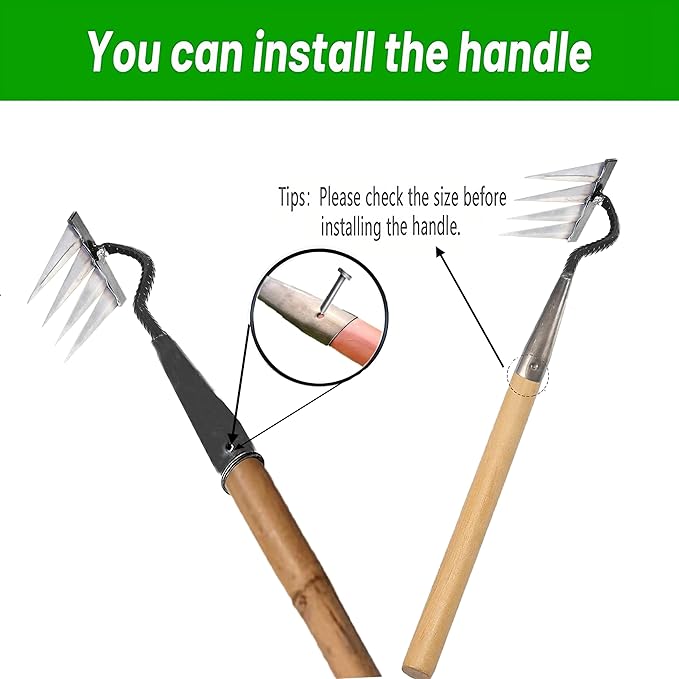 Garden Rake, Gardening Tools Heavy Duty with 4 Metal Tines, Sharp Durable Garden Weeding Tools, All Steel Hardened Hoe Hand Rake for Backyard Lawn Loosening Planting Weeding (4 Tines)