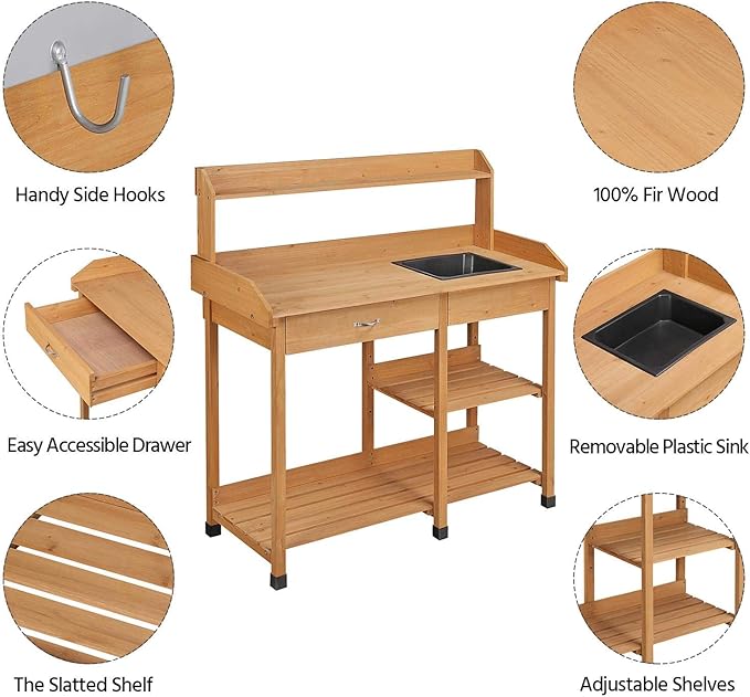 Topeakmart 45.2x17.7x47.6'' (LxWxH) Potting Benches Outdoor Garden Potting Table Work Bench with Removable Sink Drawer Rack Shelves Work Station, Wood