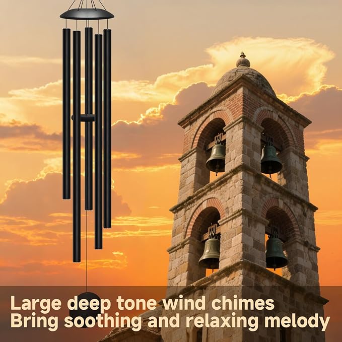 65" Extra Large Wind Chimes for Outside Deep Tone, 5 Thick and Bold Aluminum Tubes Tuned Relaxing Melody Wind Chime, Big Wind Chimes for Garden Patio Decor, Great Gift Idea for Mother's Day (Black)