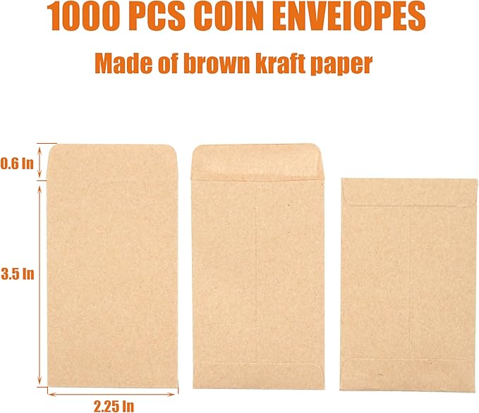 Budgenix #1 1000 Pcs Small Coin Envelopes 2.25" x 3.5" with Gummed Flap, Brown Kraft Mini Envelopes for Storing Seeds, Keys, Stamps, Tips and Small Items