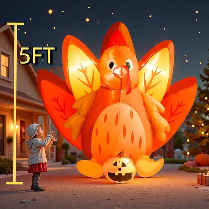 8 FT Christmas Inflatables Santa Claus in Sleigh with Two Reindeer Outdoor Decorations Blow Up Yard Santa Claus with Built-in LEDs (5FT Thanksgiving Inflatable Turkey)