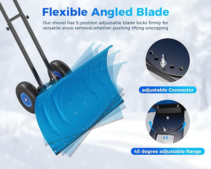 Garvee 29" Snow Pusher Shovel with Wheels,Heavy Duty Steel Snow Shovel with Wheels,Angled Blade Efficient Snow Removal With5-Position Angled Blade & Adjustable Handle for Doorway, Sidewalk, Blue