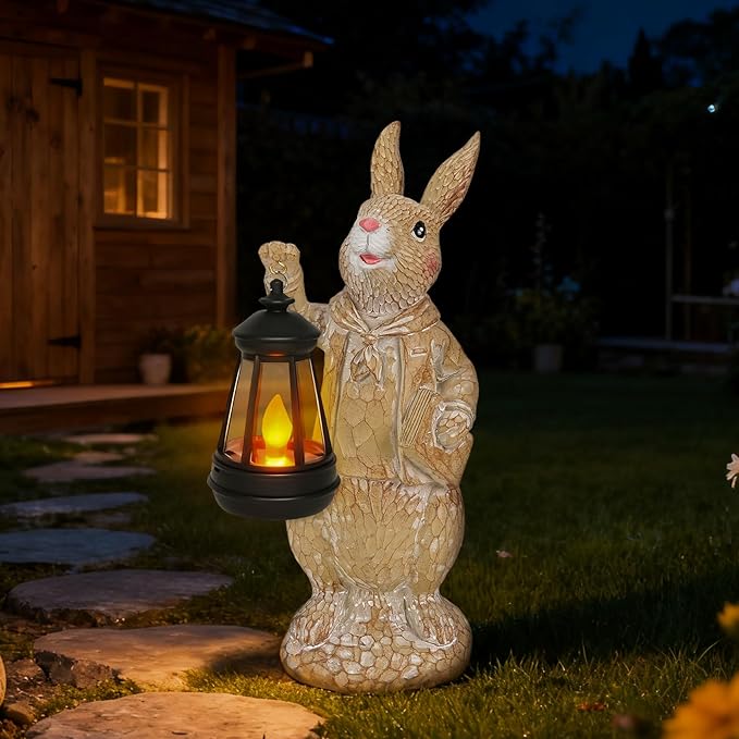 Dr. Bunny Solar Garden Statue, Adorable Rabbit Figurine with Glowing Lantern, Handcrafted Resin Home Decor for Patio, Balcony, Yard, Gift for Women, Housewarming, Birthday, Christmas