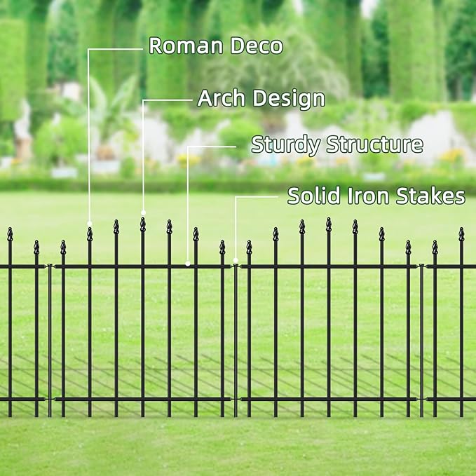 Metal Garden Fence 26 in H x 20ft L, 10 Panels + 11 Stakes Border Dog Fence Panels Animal Barrier, No Dig Garden Fencing for Yard Patio Flower Bed Lawn Outdoor, Arch Black